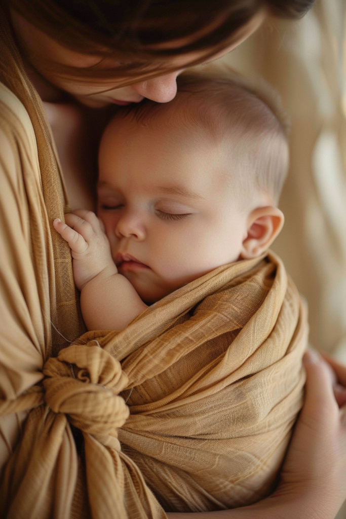 a newborn in a soft baby wrap carrier.