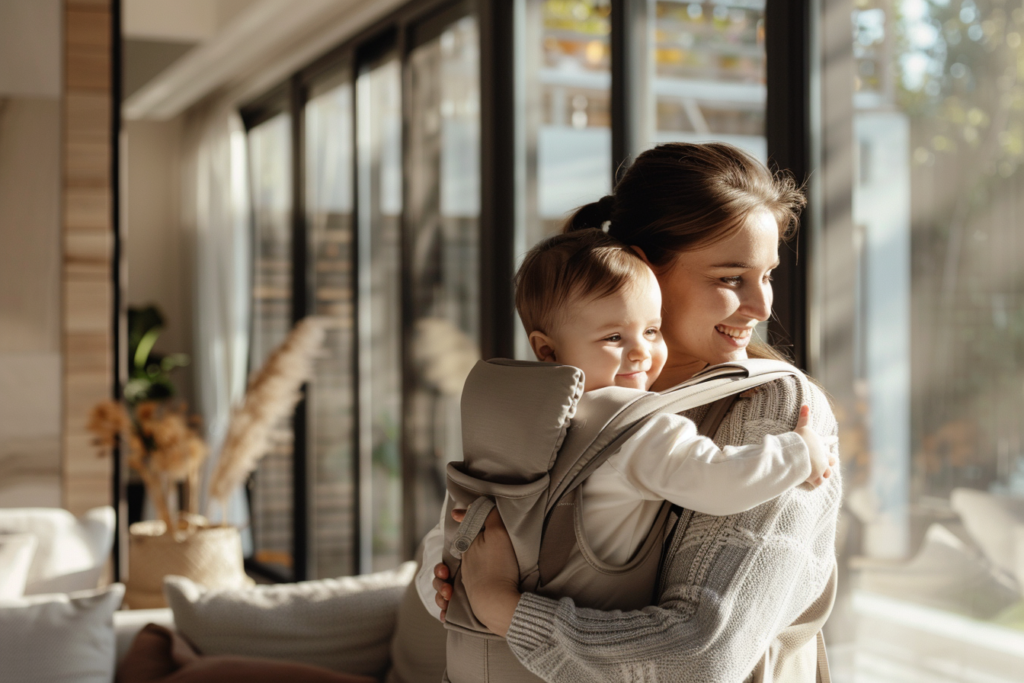 The carrier is worn by a smiling mother.