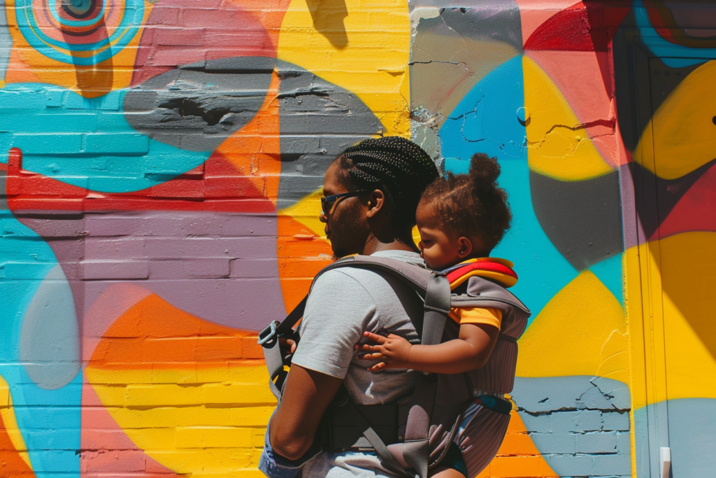 a mother wear a baby carrier in front of a vibrant mural.